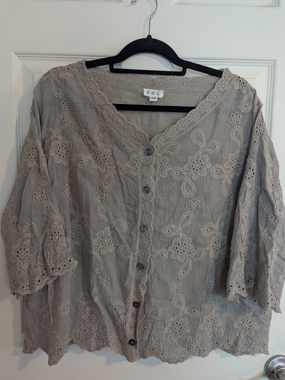 POL Floral Eyelet Button-Down Blouse